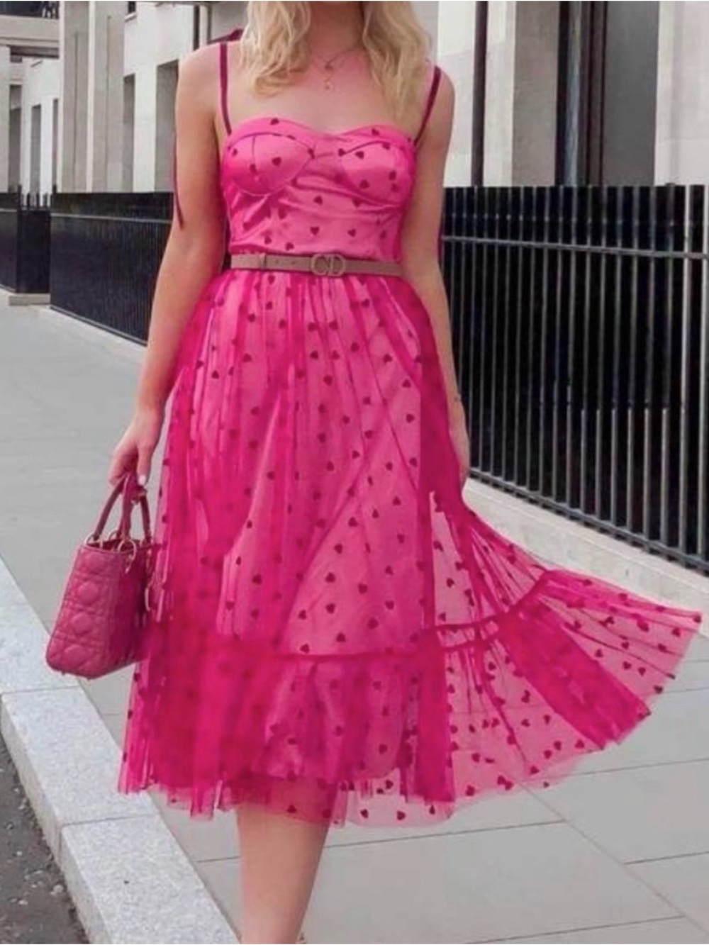 Pink Heart-Print Midi Dress